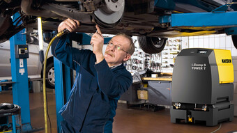 La estación de compresor de pistón i.Comp 9, con secador refrigerativo integrado, es la solución ideal para talleres mecánicos.